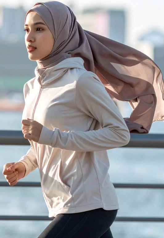 Plan large d'une femme en hijab de sport qui fait un footing.